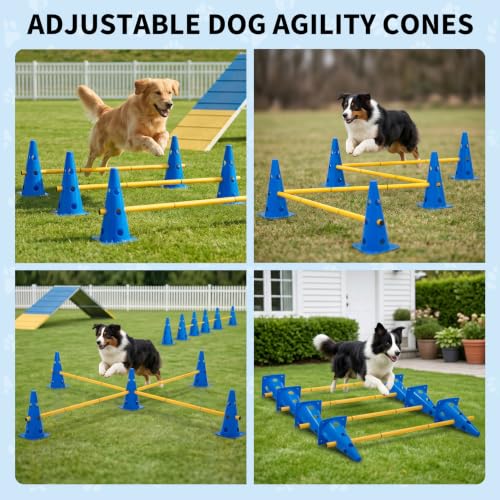 TrailBlaze Dog Agility Equipment Training Set, 12 Pack 32cm Plastic Agility Cones with 6 Adjustable Agility Jump Rods, for Puppy Medium Large Dogs Outdoor Backyard Exercise