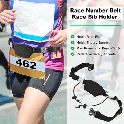 Cosmos Race Number Belt Elastic Waist Number Belt Holding Race Number Bibs for Marathon Triathlon Running, with Mini Pouch and 4 Energy Gel Holding Loops for Small Accessories, Fits 26-35 Waist Size