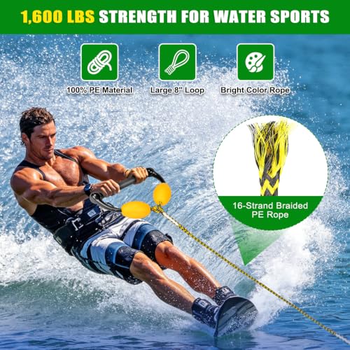 Dolibest 75FT Floating Water Ski Rope with Comfortable Handle, 4-Section Adjustable Wakeboard Tow Rope for Wakeboarding,Waterskiing,Kneeboarding & Tubing, 1600LB Strength & Reinforced End - color: Yellow+ Black & Float Ball