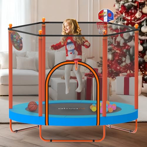 Ativafit 60'' Rebounder Trampoline Indoor Outdoor for Kids Ages 1-8, 5 FT Recreational Toddler Trampoline with Safety Enclosure Net Gifts with Basketball Hoop Dartboard Ocean Bal
