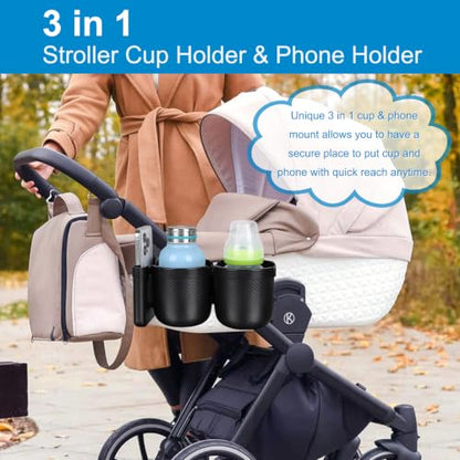 Accmor Stroller Cup Holder with Phone Holder, Bike Cup Holder, Universal Cup Holder for Uppababy Nuna Strollers, 2-in-1 Drinks Holder for Walker, Wheelchair, Scooter - color: Double Holder-All Black Texture
