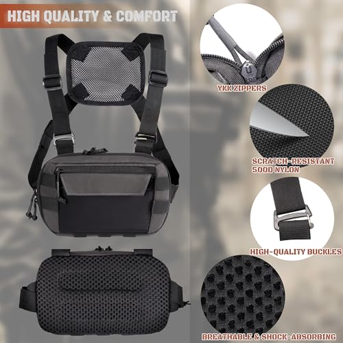 Tactical Chest Rig Pack for Men and Women, Low Profile Utility CCW Chest Bag with Gun Holster for Outdoor Hiking Hunting Gravel Cycling Biking - color: Gray