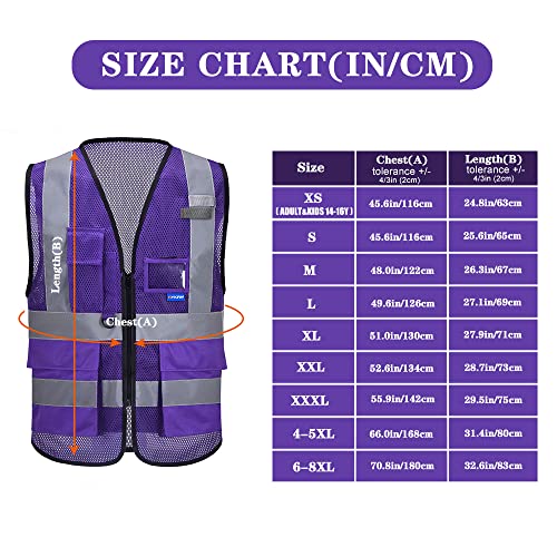 A-SAFETY High Visibility Mesh Vest with 7 Pockets, Front Zipper, Purple, S - color: Purple Mesh, size: Small