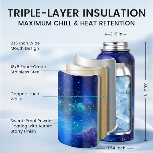 RAYMYLO Insulated Water Bottle 32 oz, Triple Wall Vacuum Stainless Steel - color: Aurora Purple, size: 32 Ounces