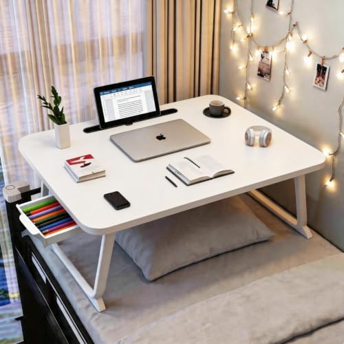 27.6" Home Office Folding Lap Desk with Drawer, Tablet Slot, Cup Holder - Fits up to 18 Inch Laptops, Bed Desk for Reading, Writing, Eating, Portable Laptop Table for Sofa, Coach, Floor (White) - color: White