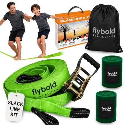 Flybold 57ft Slackline Kit - Slack Lines for Backyard for Kids and Adults with Tree Protectors, Carry Bag and Ratchet - Ninja Slackline Obstacle Course and Balance Rope for Core Strength Training - style: ESSENTIAL KIT