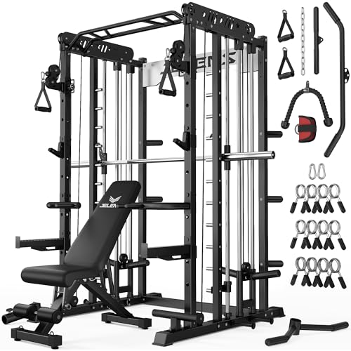 JELENS Smith Machine for Home Gym, Multi-Function M12 Power Cage with Cable Crossover System, Squat Rack with Smith Bar and More Attachment - color: Black, size: Weight Bench Package