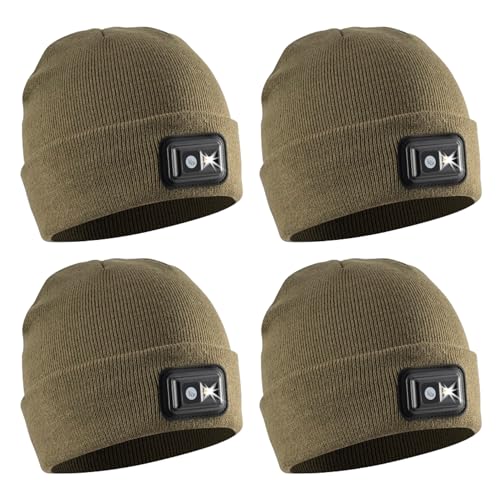 POWERCAP LED Hat Light 150 Lumens Rechargeable Fleece Beanie with Bright Built-in Headlamp Waterproof LED Warm One Size Cap - color: Knit Olive Green 4-pack