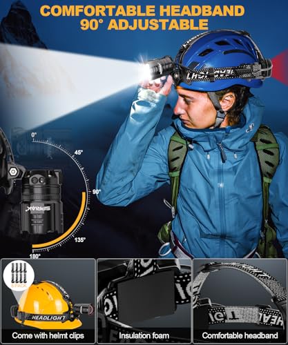 High Lumens LED Headlamp& 100H Using Time, USB Rechargeable Head lamp, 90° Adjustable Widebeam Motion Sensor Head Light with 5 Modes,Zoomable for Camping Running Hiking Hard Hat Headlamps 2pc - size: 2 pack