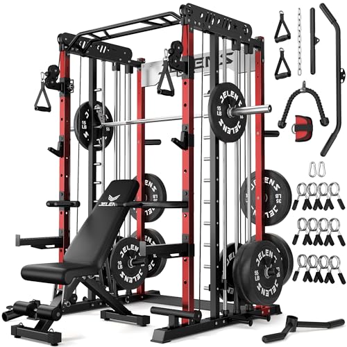 JELENS Smith Machine for Home Gym, Multi-Function M12 Power Cage with Cable Crossover System, Squat Rack with Smith Bar and More Attachment - color: Red, size: 370LB Black Weights Package