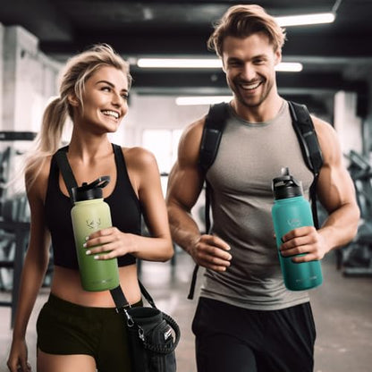 NATURE PIONEOR 32 oz Insulated Water Bottle with Carrier Bag & 3 Lids - color: Pine Green, size: 32 Ounces