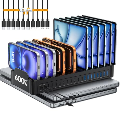 20-Port 600W Moezuti Charging Station for Multiple Devices with 10 Cables - color: Black