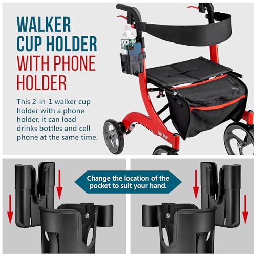 Cup and Phone Holder Compatible with Original Drive Medical Nitro Rollator Walker, Clip-On Cup Holder with Removable Phone Pocket, Fits Left or Right Side, Not Compatible with Nitro Sprint