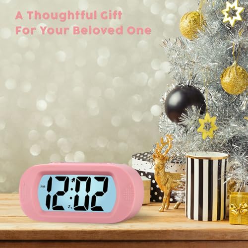 Plumeet Kids Alarm Clock Large Digital LCD Travel Alarm Clocks with Snooze and Night Light - Ascending Sound and Handheld Size - Best Gift for Kids (Baby Pink) - color: Baby Pink