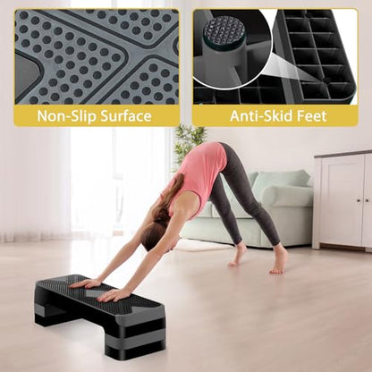 Non-Slip 27 Inch Aerobic Exercise Step Platform 4"-6"-8" Height Adjustable Risers for Home Gym Cardio Training Fitness Workout Stepper Trainer - color: Grey