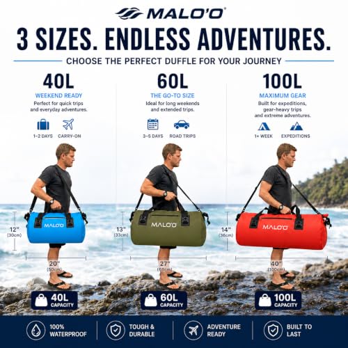 Malo’o Waterproof Dry Duffel, Heavy-Duty Roll Top Waterproof Gear Bag with Shoulder Strap & Molle Loops, Marine Duffel for Kayaking, Boating, Camping, Beach & Travel, Black, 40L - color: Black, size: 40L