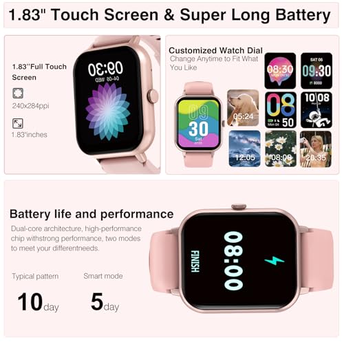 Smart Watch for Men Women Compatible with IOS Android Phone, 1.83" Full Touchscreen IP68 Waterproof Smart Watches,Fitness Tracker with Make/Recive Call 123+ Sport Modes Heart Rate/Sleep Monitor,Pink - color: 1.83"Pink
