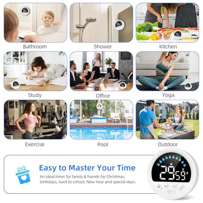 Waterproof Shower Timer for Bathroom Kitchen with Countdown Count-up, White