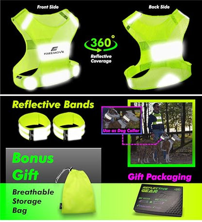 FREEMOVE Reflective Vest - Running Gear + 2 Bands & Bag/Ultralight & Comfy Safety Vests for Running, Walking, Cycling - size: X-Small