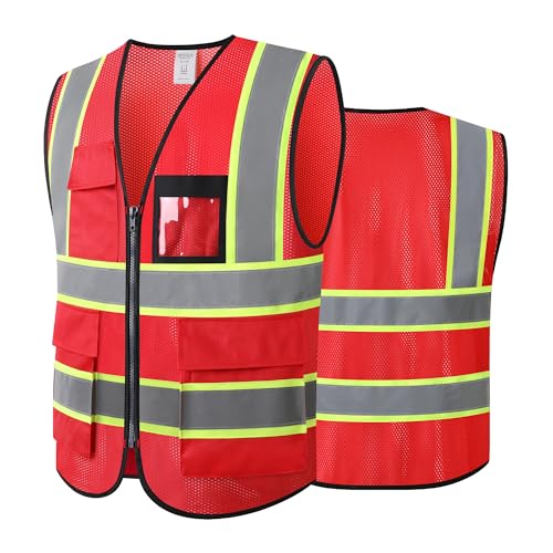 Safety Vest for Men Women Reflective Construction Vest Hi Vis ANSI Standard - color: H-red, size: Large