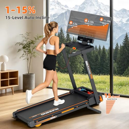 Foldable Treadmill for Home with 15% Auto Incline,300 lb, App, 12 HIIT
