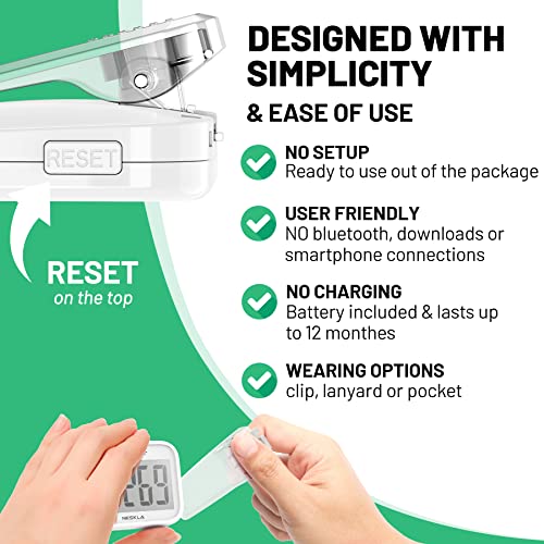 NESKLA 3D Pedometer, Simple Step Counter with Large LCD Display for Walking - color: White