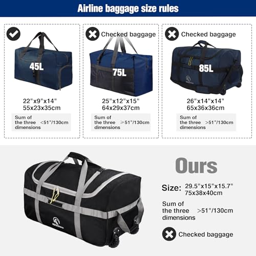 REDCAMP 85L/120L/140L Foldable Duffle Bag with Wheels, Large Travel Duffel Bag - color: 120l Black (Large)