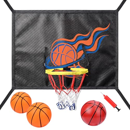 Trampoline Basketball Hoop Attachment, with 3 Basketballs and Pump & Hooks, Easy to Install, Universal Accessories Goal Game Fits 8 10 12 14 15 16 FT Trampoline Indoor Outdoor