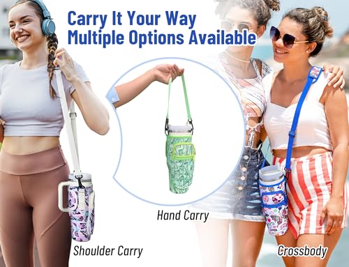 DLOCCOLD Water Bottle Carrier Bag with Phone Pocket for 40 oz Tumbler, Water Bottle Holder with Adjustable Shoulder & Handheld Strap, Carrier Sling Bag for Water Bottle Walking Camping Travelling - color: Purple Ripple