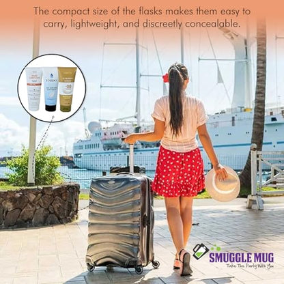 Smuggle Mug Lotion Flasks 3 Pack | TSA Approved 100ml Tubes and Clear Quart Zipper Bag | Lid Seals and Funnel Included | Disguised Containers for Cruise, Beach, and Festival | Total of 10 oz | Secret