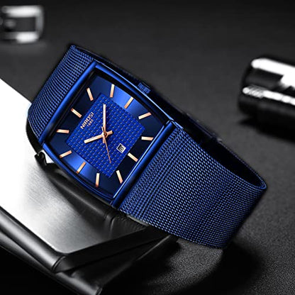 NIBOSI Men's Analog Watch, Square Dial Mesh Strap, Date Display - color: 2376-Blue