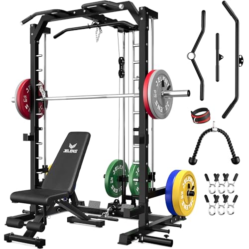 JELENS SR01 Smith Machine, 2000LBS Multi-Function Power Cage with LAT Pulldown System, All-in-One Home Gym Squat Rack with Smith Bar and Training Attachments for Full Body Workouts - color: Black, size: 260LB Colored Weights Package
