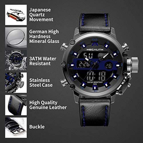 MEGALITH Mens Watches Waterproof Digital Military Sport Tactical Multifunction Heavy Duty Led Rugged Watch for Men, Alarm Stopwatch, Nylon/Leather Strap - color: 6-Black Blue
