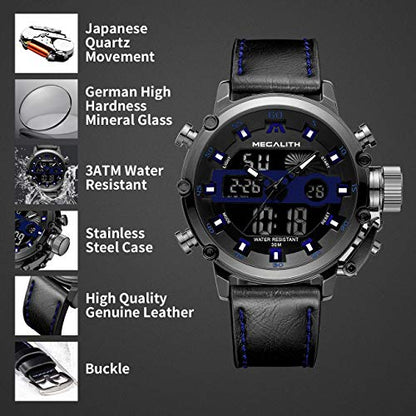 MEGALITH Mens Watches Waterproof Digital Military Sport Tactical Multifunction Heavy Duty Led Rugged Watch for Men, Alarm Stopwatch, Nylon/Leather Strap - color: 6-Black Blue