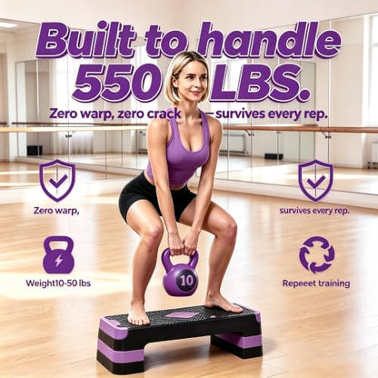 Aerobic Exercise Step Platform, 28-Inch Workout Aerobic Stepper, Height Adjustable Fitness Training Step Deck Trainer with 4 Risers, Non-Slip Surface Bench for Home Gym Cardio Strength 29" x 11.5" x 4" - color: Black-Purple
