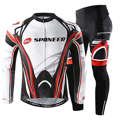 sponeed Men's Cycling Jersey Full Sleeve Riding Wear Long Sleeve T Shirts Pants - color: Fleece Red White, size: XX-Large