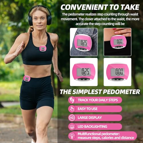 Weewooday Pedometer for Walking Steps and Miles Simple Pedometer Clip on with Large Digital Display Portable LCD Step Counter Bulk Gift for Women Men Adults - color: Pink