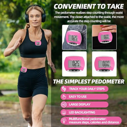 Weewooday Pedometer for Walking Steps and Miles Simple Pedometer Clip on with Large Digital Display Portable LCD Step Counter Bulk Gift for Women Men Adults - color: Pink