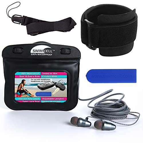SwimCell Waterproof Key Pouch for Swimming with Headphone Jack & Armband - color: Black, size: MP3 Case with Headphone Jack 3 x 4 inches