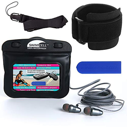 SwimCell Waterproof Key Pouch for Swimming with Headphone Jack & Armband - color: Black, size: MP3 Case with Headphone Jack 3 x 4 inches