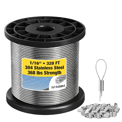 1/16 Wire Rope, 328FT 304 Stainless Steel Cable with 150 Crimp Sleeves - color: Silver