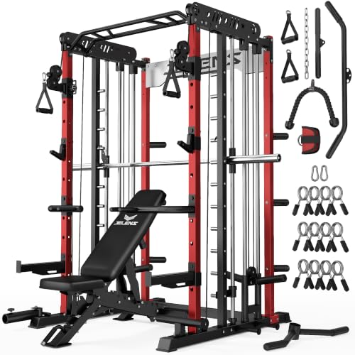 JELENS Smith Machine for Home Gym, Multi-Function M12 Power Cage with Cable Crossover System, Squat Rack with Smith Bar and More Attachment - color: Red, size: Upgraded Weight Bench Package