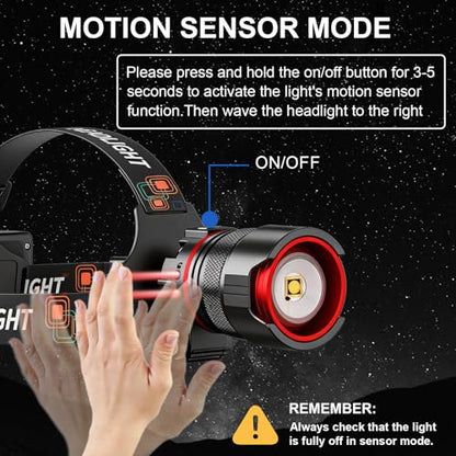 LED Rechargeable Headlamp with Motion Sensor, Zoomable, 90° Adjustable