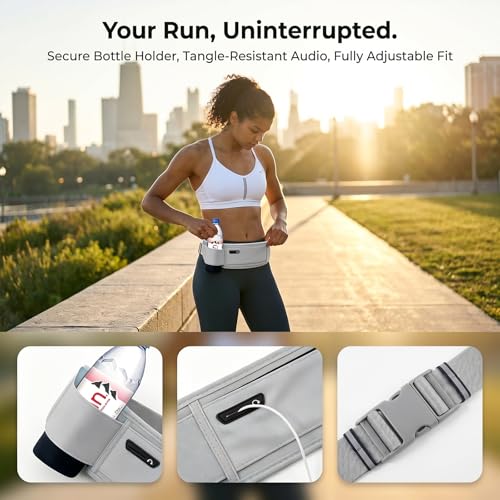 Running Hydration Belt with Water Bottle Holder for Men Women, Bounce-Free Phone Storage Waist Pack, Reflective Adjustable Marathon Belt for Jogging Trail Running,Fits All Phones(Grey) - color: Grey