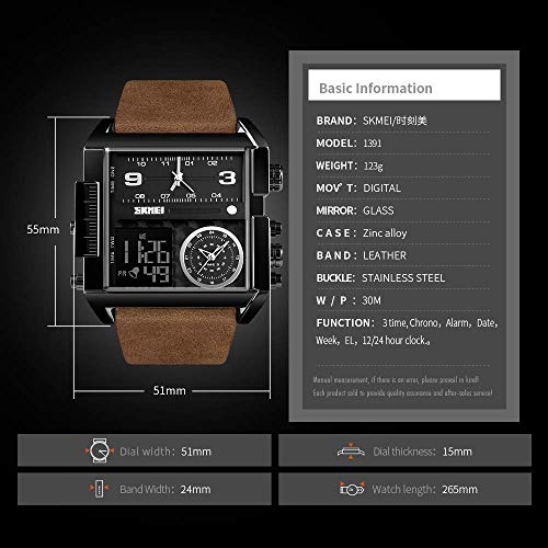 Gosasa Men's Square Large Face Analog Digital Sport Watch - color: Black Coffee Belt