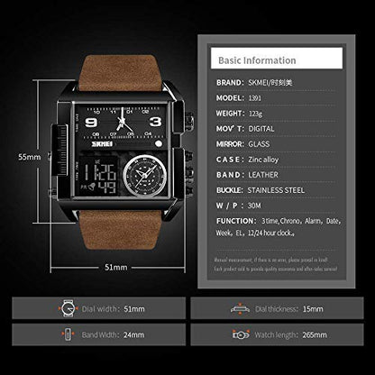 Gosasa Men's Square Large Face Analog Digital Sport Watch - color: Black Coffee Belt