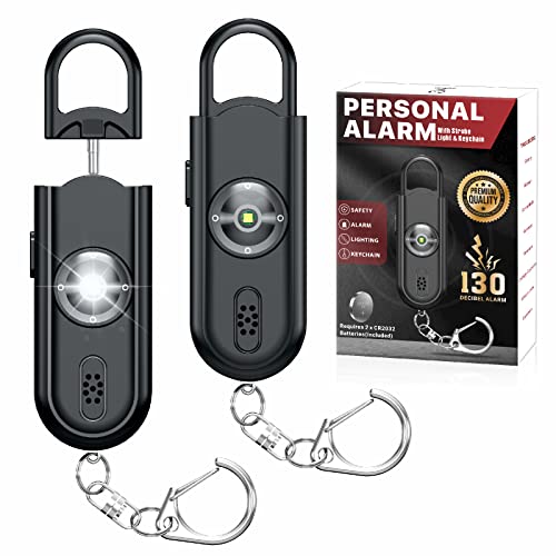 Personal Safety Alarm Keychain for Women 2PCS -130 dB Loud Siren with SOS Strobe Light, Flashlight, Double Speakers, Safe Defense Key Chain for Girls Kids Elders Emergency Call - color: Carbon Black