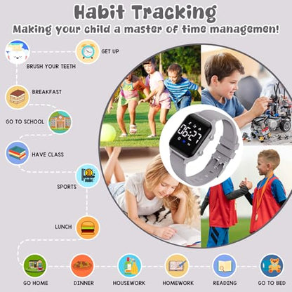 Kids Digital Watches for Boys Girls, Sports Watch with Fitness Tracker, Pedometer, Alarm Clocks, Stopwatch, No App Needed Waterproof Kids Watch, Gift for Teens Student Girls Boys Ages 5-14 - color: L6615E-Grey