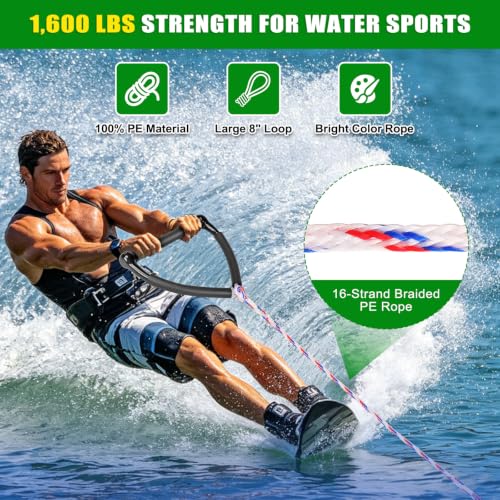 Dolibest 75FT Floating Water Ski Rope with Comfortable Handle, 4-Section Adjustable Wakeboard Tow Rope for Wakeboarding,Waterskiing,Kneeboarding & Tubing, 1600LB Strength & Reinforced End - color: White + Red + Blue (with Foam)