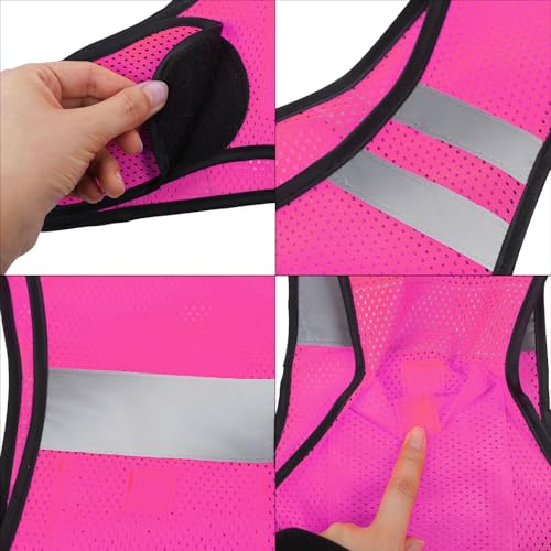 MioCloth High Visibility Reflective Running Vest with Pocket, Breathable Mesh Safety Vest, Unisex Cycling Jogging Night Gear - color: Pink